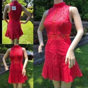 Hello Molly red hot eyelet high neck mini dress XS